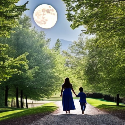 Mother and child walk together under the full moon